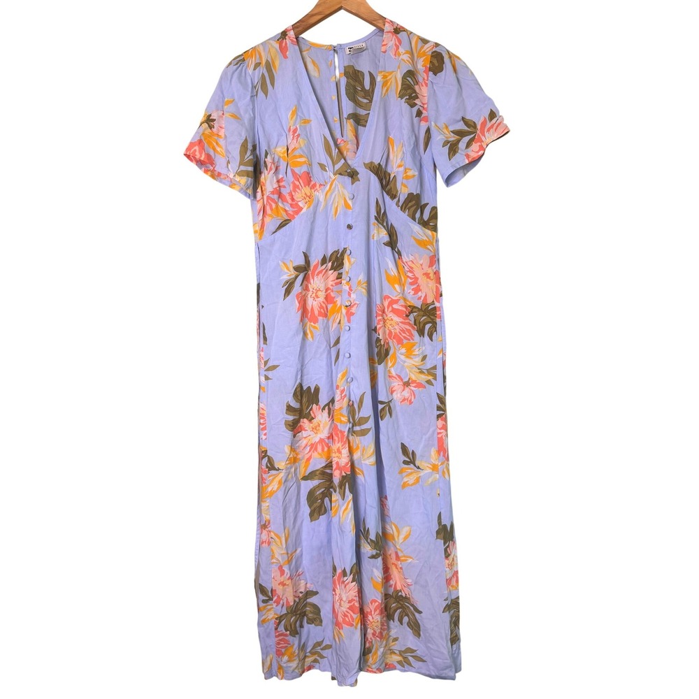Billabong Floral Maxi Dress Periwinkle Blue Tropical V-Neck Button Front XS